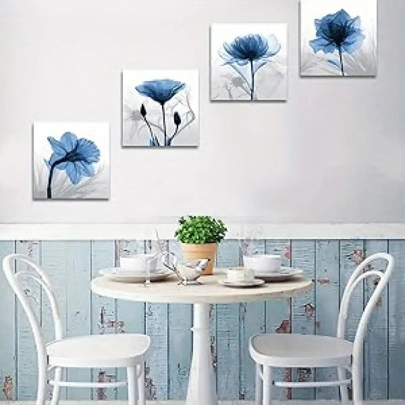 4pcs Blue & White Floral Design Wall Art Canvas Framed