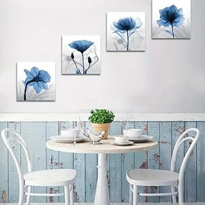 4pcs Blue & White Floral Design Wall Art Canvas Framed