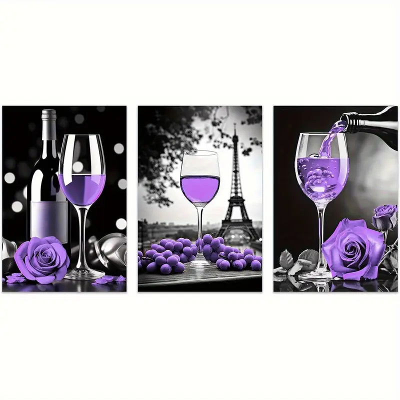 3pcs Black & White Wine Rose & Eiffel Tower Design Metal Print Ready to Hang Art - Bella Home Decor