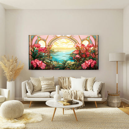 Stained Ocean Sunset Pink Wall Art Canvas Office Home Room Framed 120x60cm