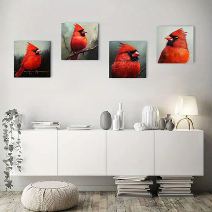 4pcs Summer Red Cardina Elegant Wall Art Canvas Framed