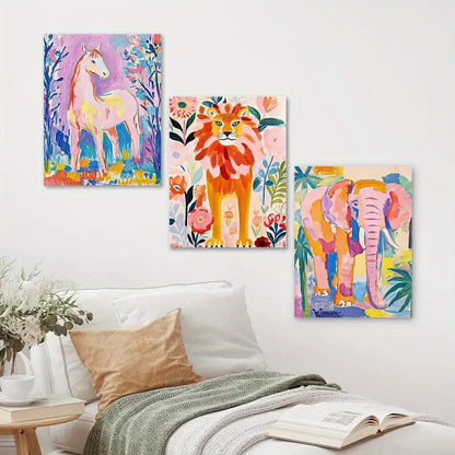 3pcs Colorful Animal Art, Horse, Lion and Elephant Metal Print Ready to Hang Art