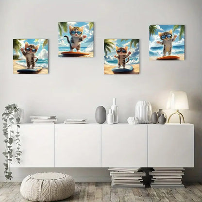4pcs Playful Beach-Themed Kitten Prints Wall Art Canvas Framed