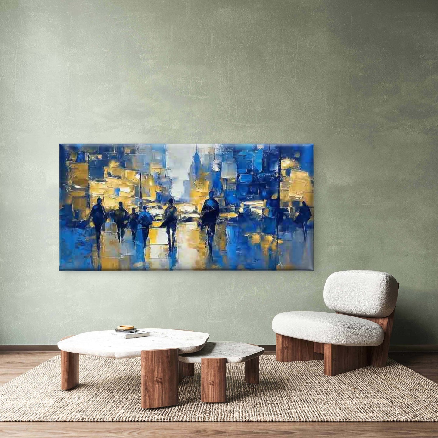 Abstract Blue And Golden City Wall Art Canvas Office Home Room Framed 120x60cm