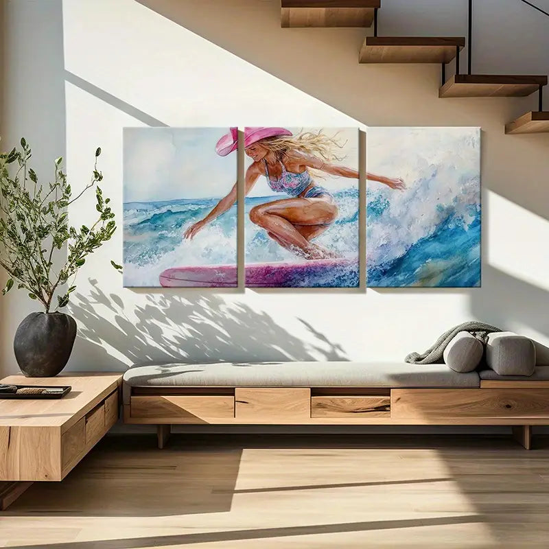 3pcs Watercolor Surfing Girl With Pink Hat, Metal Print Ready to Hang Art