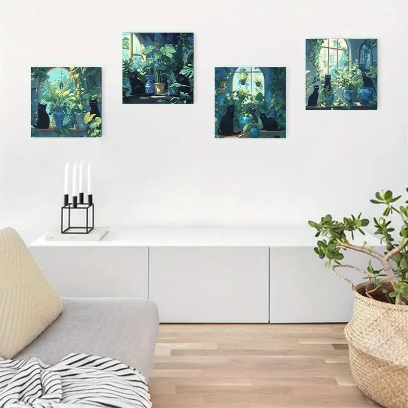 4pcs Green Plant Black Cat Wall Art Canvas Framed