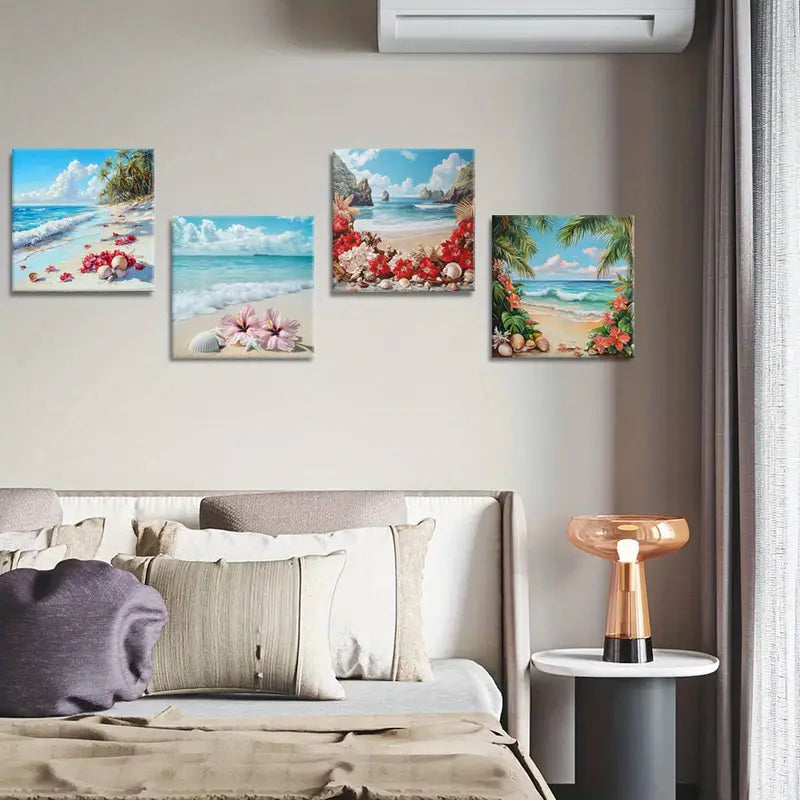 4pcsTropical Flowers Paintings, Beachscape Wall Art Canvas Framed