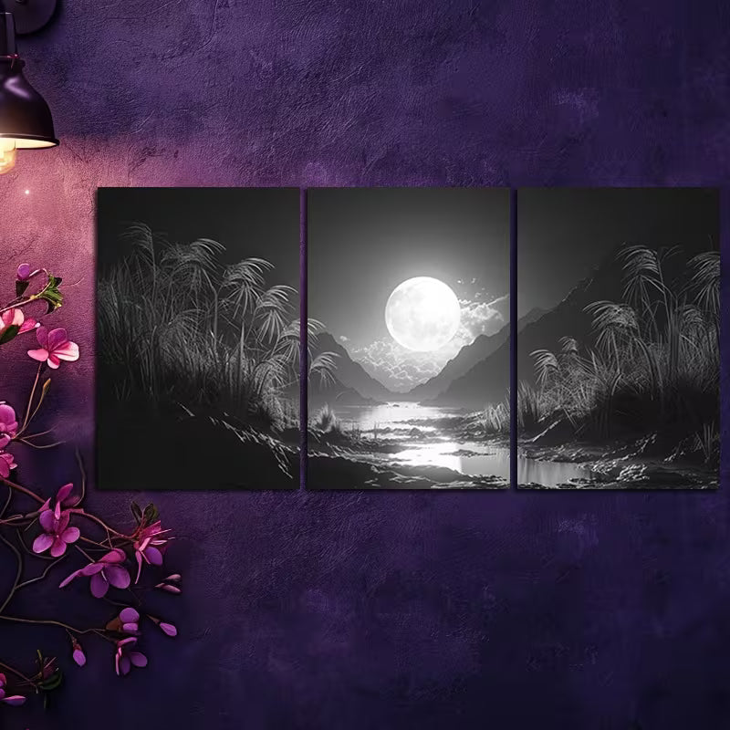 3pcs Moonlit Mountain and River Landscape Wall Art Set Canvas Framed 40x60cm - High Quality Print 100% Australian Made Wall Canvas Ready to Hang