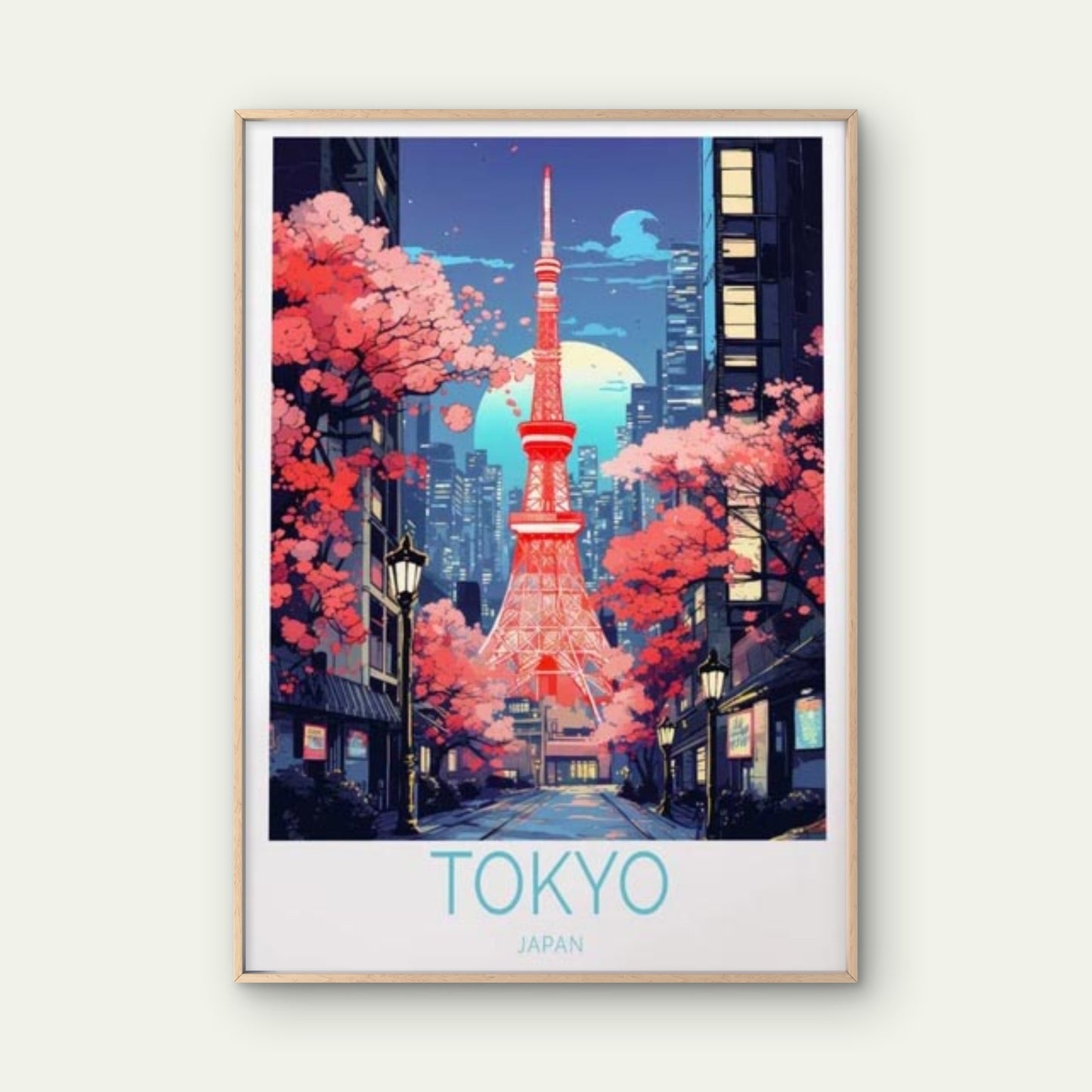Tokyo Japan, Sakura Trees Night Painting Travel Poster Print Wall Art