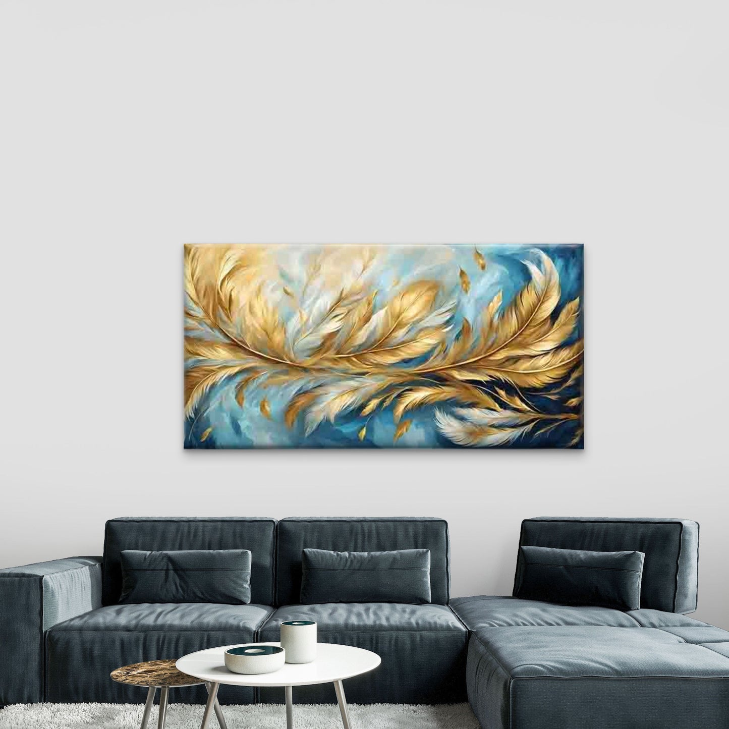 Golden Feathers Blue Background Wall Art Canvas Office Home Room Framed 120x60cm - Bella Home Decor