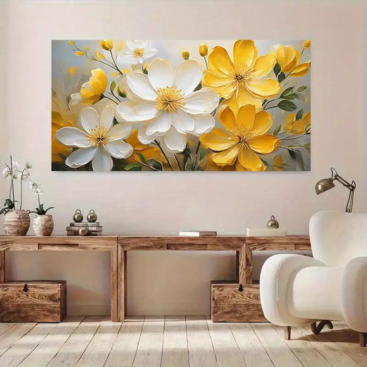 Yellow White Floral Art wall canvas office home room framed 120x60cm - Bella Home Decor