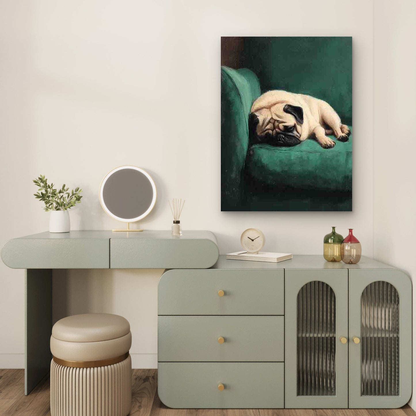 Sleeping Pug Dog on Green Couch Metal Print Ready to Hang
