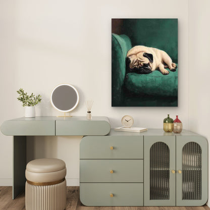 Sleeping Pug Dog on Green Couch Metal Print Ready to Hang
