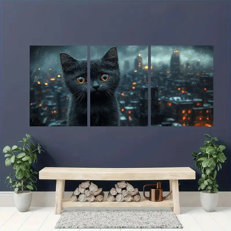 3pcs Storm Kitten And Cityscape Painting Metal Print Ready to Hang Art