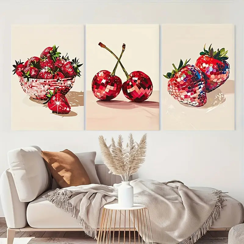 3pcs Disco Ball Strawberry And Cherry Metal Print Ready to Hang Art - Bella Home Decor