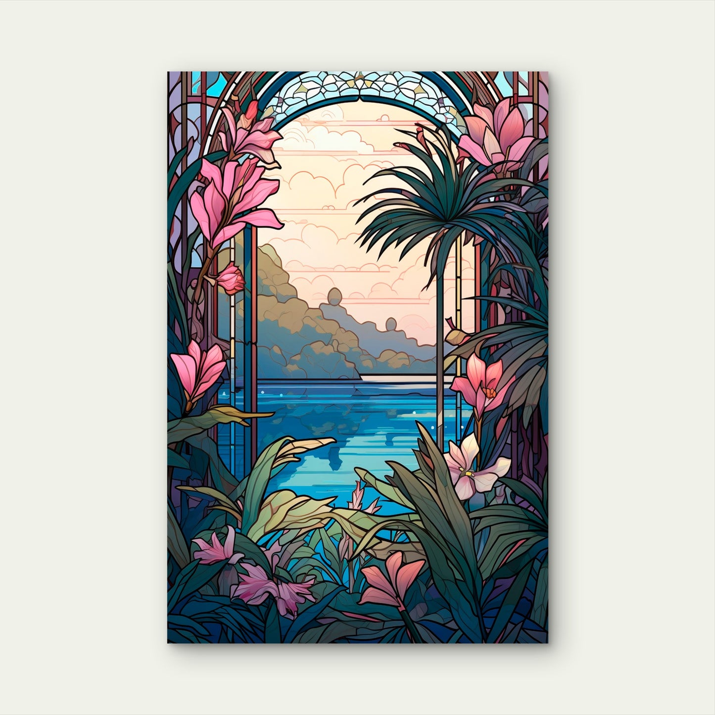 Tropical Coastal Window Palm Lily 40x60cm Metal Print Ready to Hang