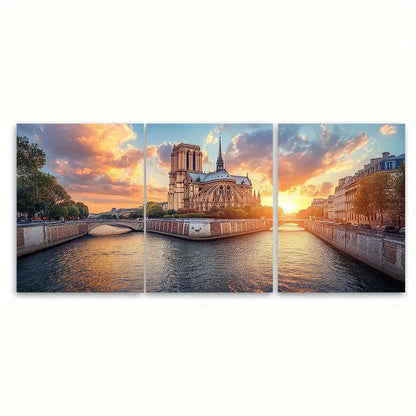 3pcs Paris Cathedral Seine River Sunset Wall Art Set Canvas Framed 60x90cm - High Quality Print 100% Australian Made Wall Canvas Ready to Hang