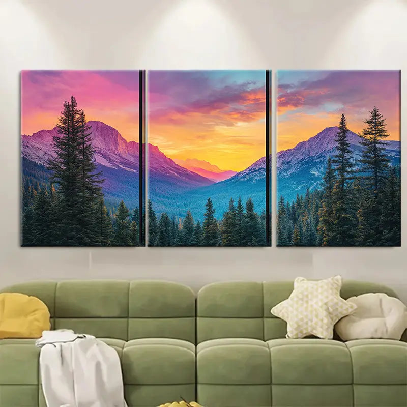 3pcs Vibrant Sunset Forest Mountain Wall Art Set Canvas Framed 40x60cm - High Quality Print 100% Australian Made Wall Canvas Ready to Hang