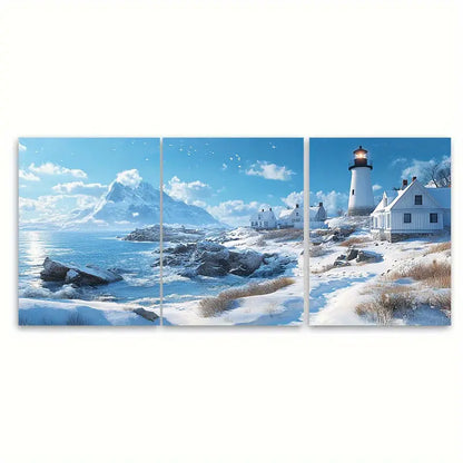 3pcs New England Winter Coastline Wall Art Set Canvas Framed 40x60cm - High Quality Print 100% Australian Made Wall Canvas Ready to Hang