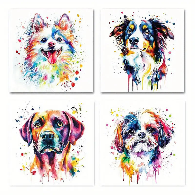 4pcs Abstract Dog Paintings Wall Art Canvas Framed
