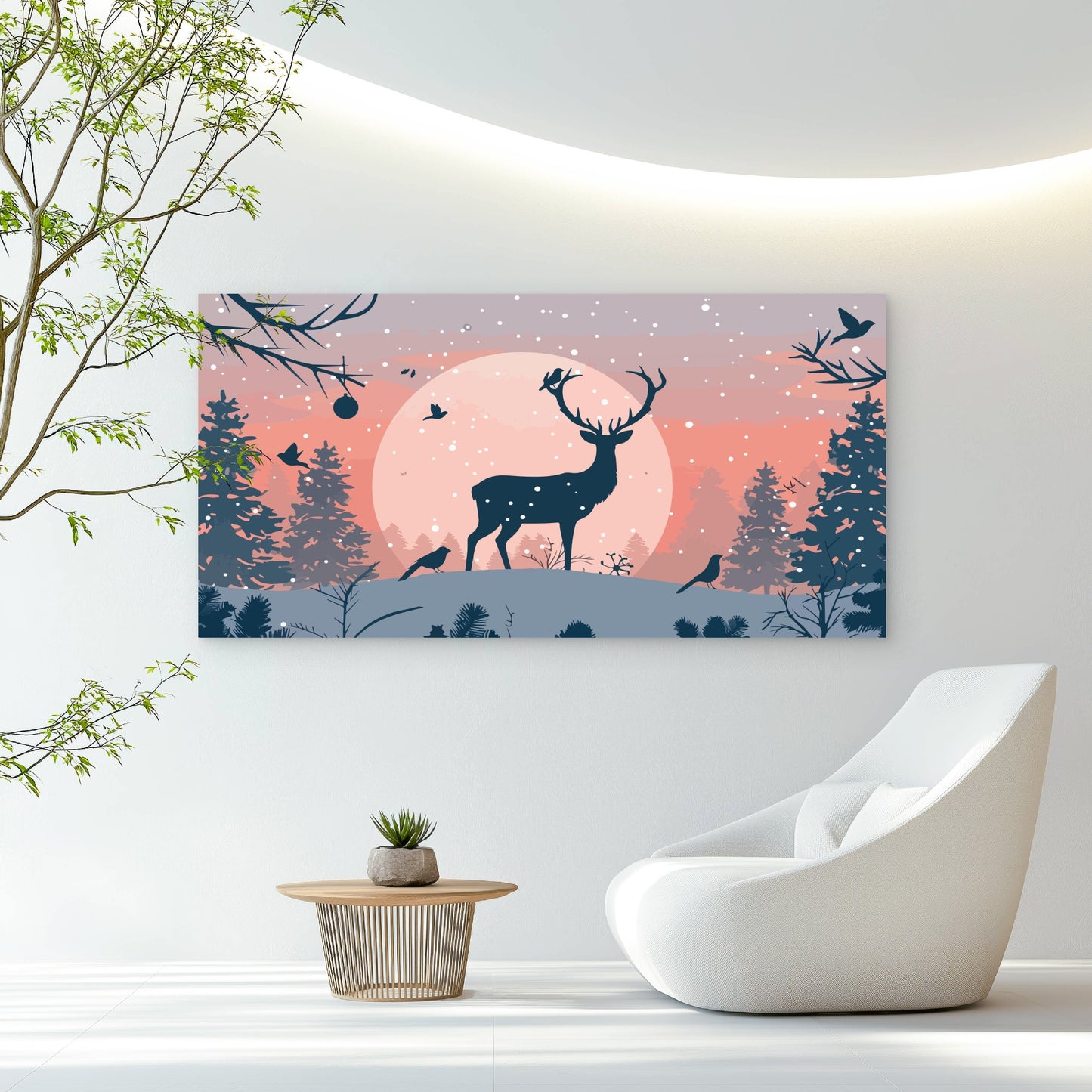 Stag Under Winter Moon Wall Art Canvas Office Home Room Framed 120x60cm - Bella Home Decor