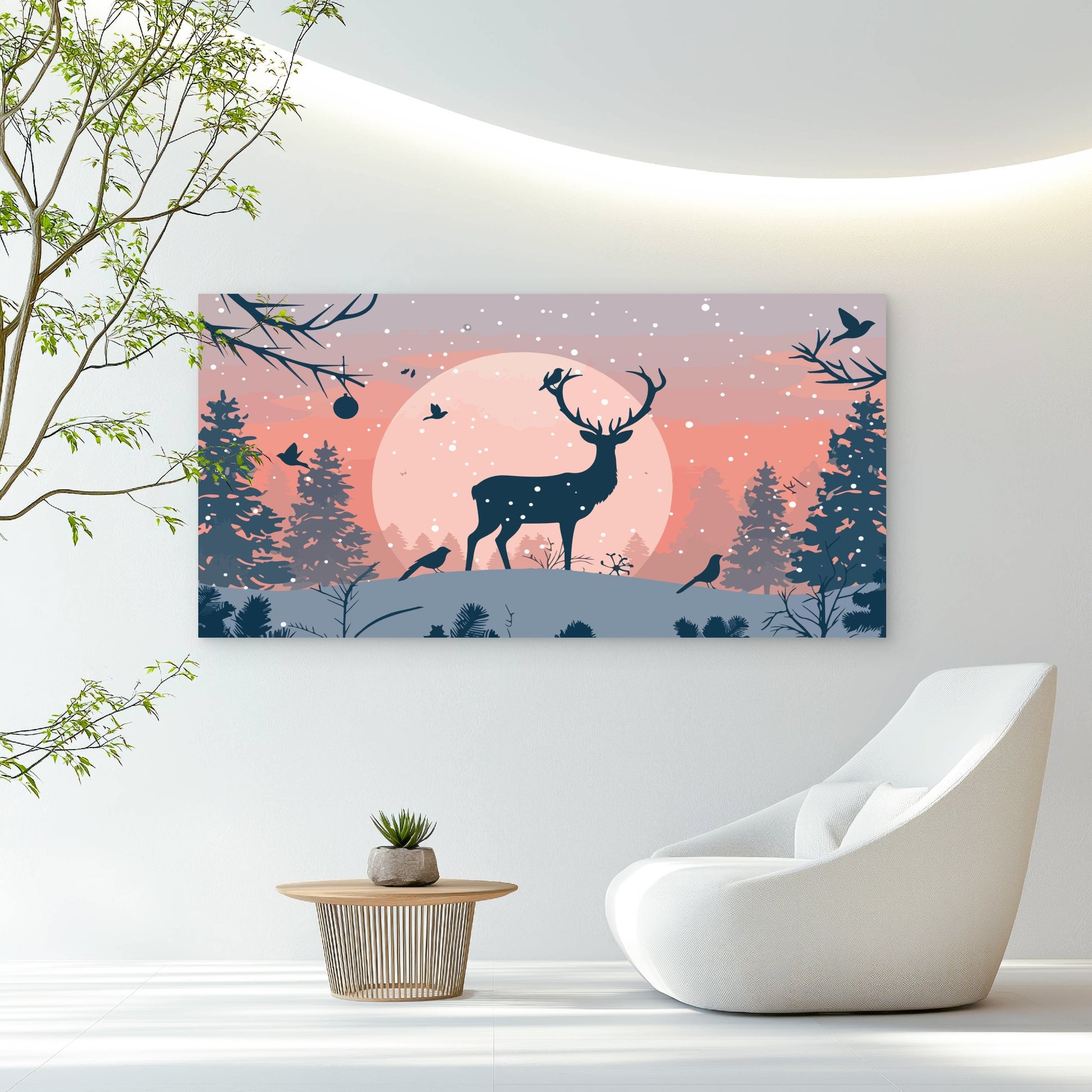 Stag Under Winter Moon Wall Art Canvas Office Home Room Framed 120x60cm - Bella Home Decor