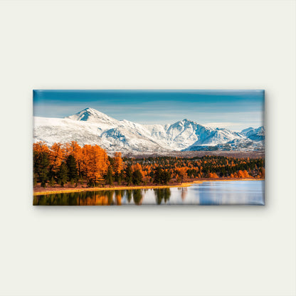 Snowy Mountain Peaks Autumn Forest Lake Reflection Blue Sky Wall Art Canvas Office Home Room Framed 120x60cm