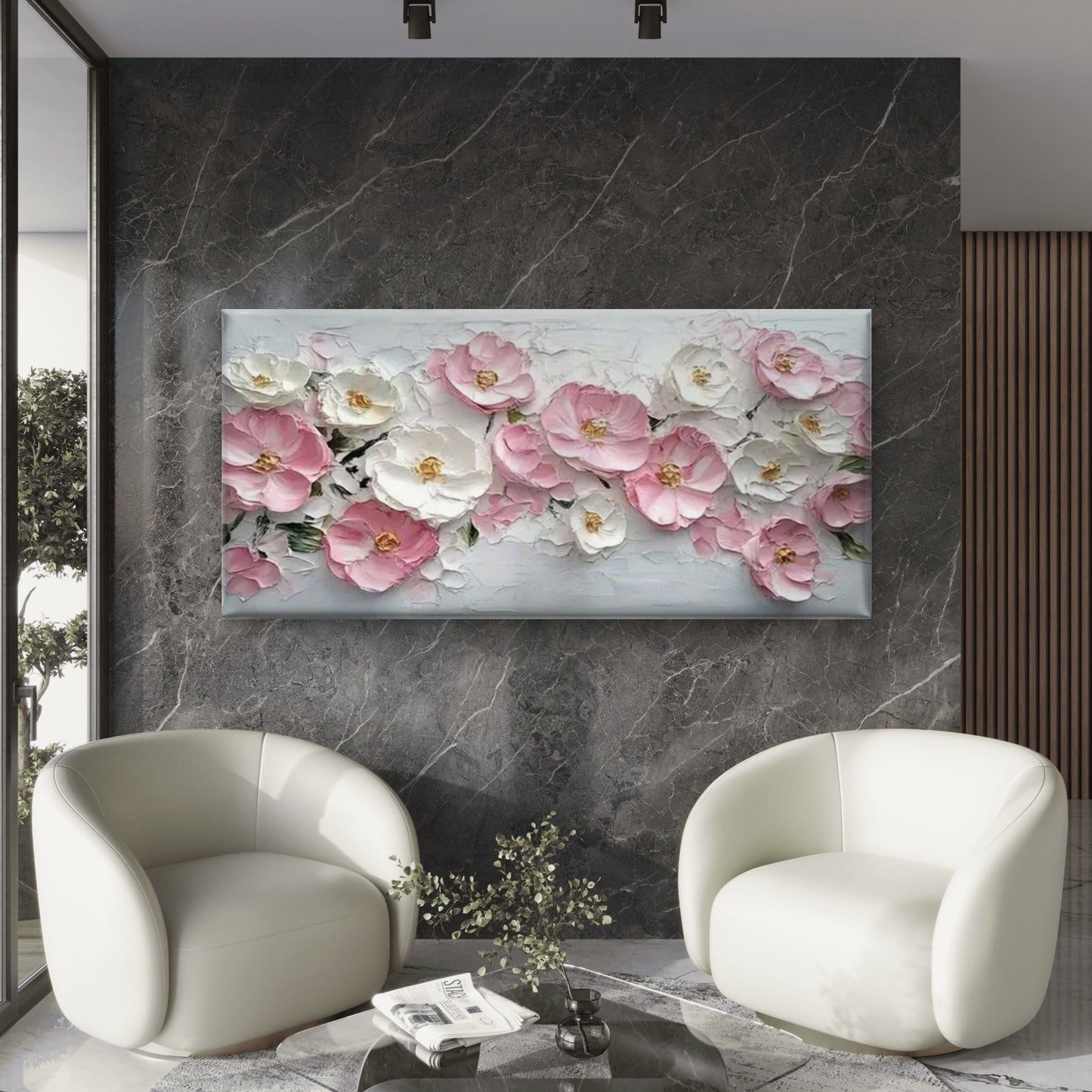 Pink & White Flower Painting Wall Art Canvas Office Home Room Framed 120x60cm