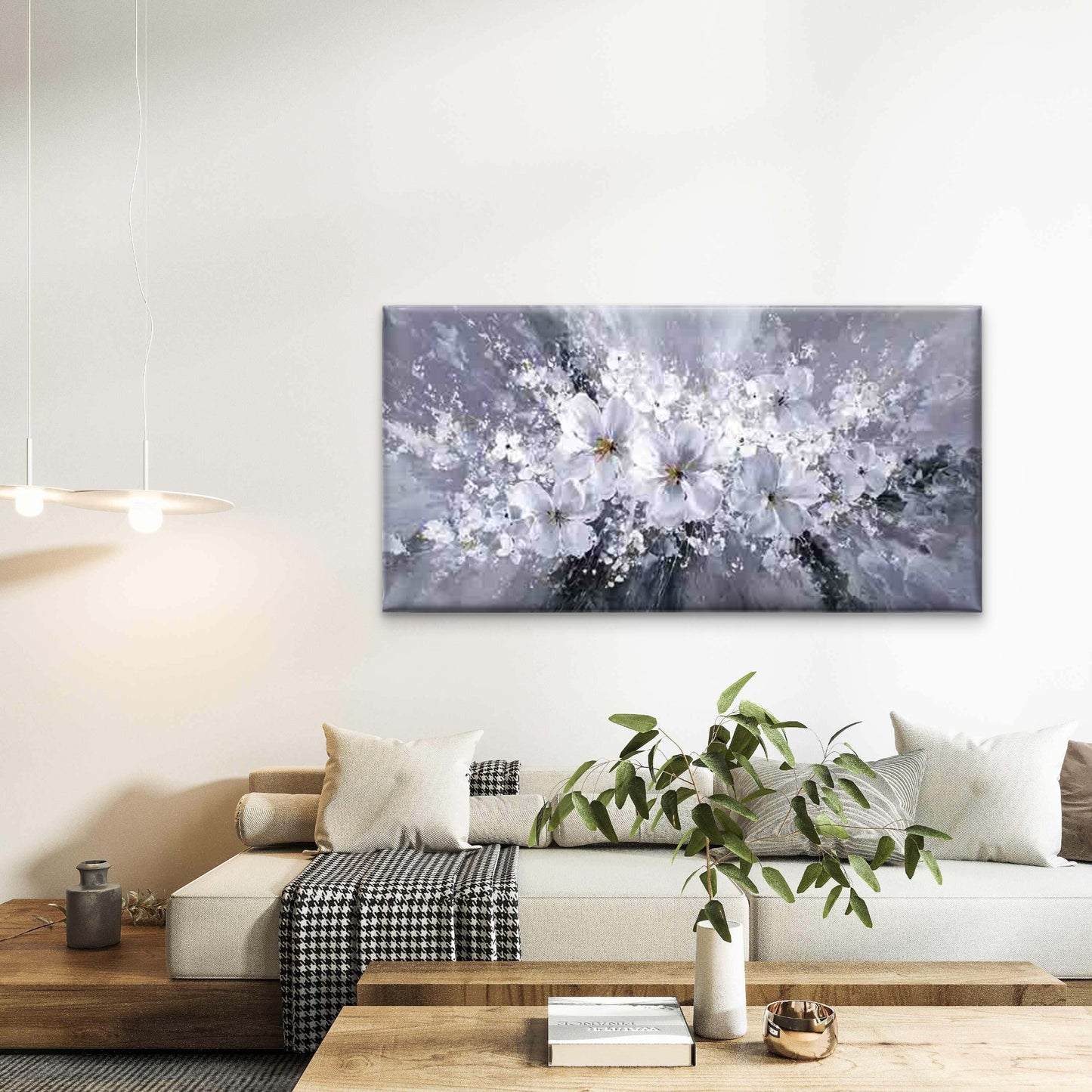 White Flowers Bursting Wall Art Canvas Office Home Room Framed 120x60cm - Bella Home Decor