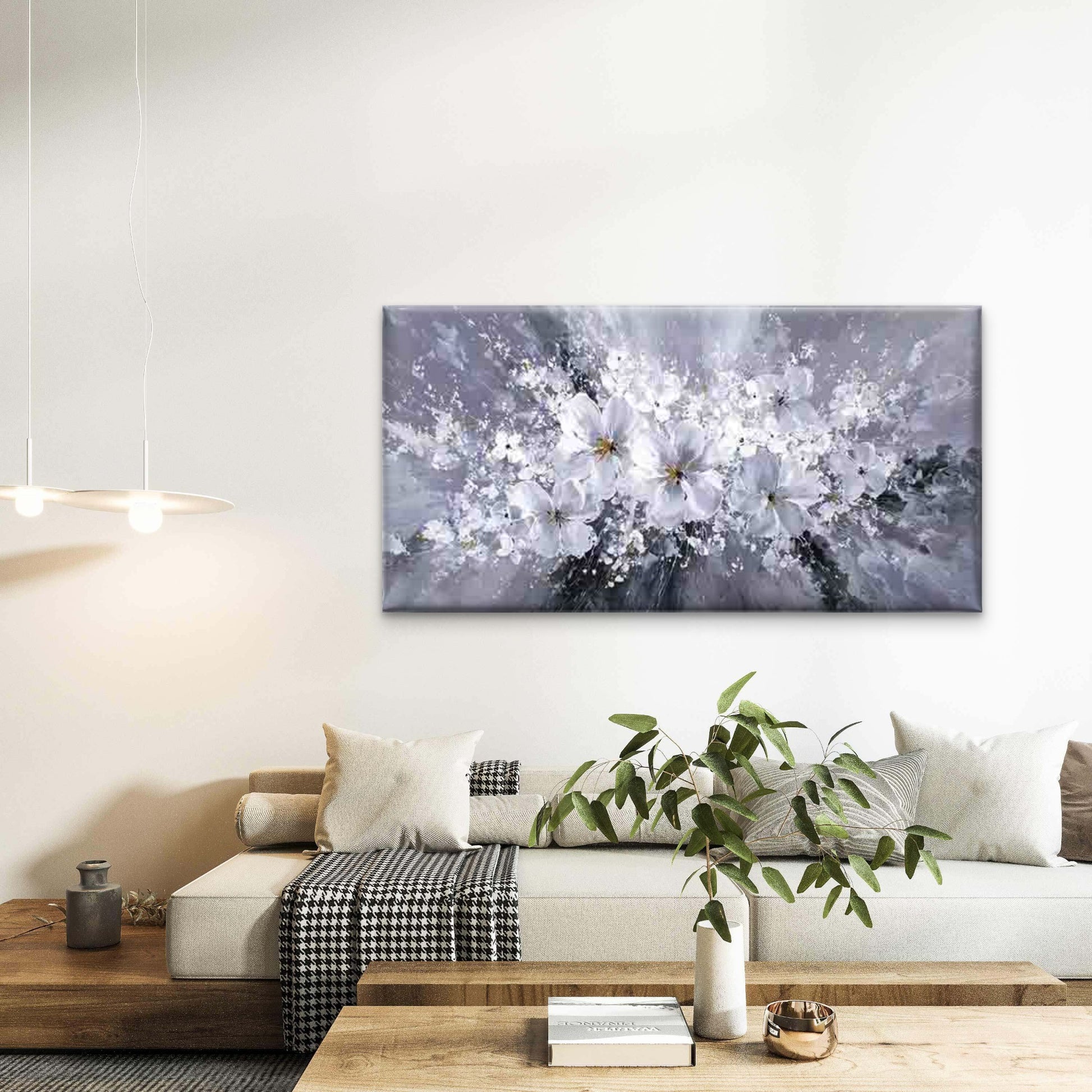 White Flowers Bursting Wall Art Canvas Office Home Room Framed 120x60cm - Bella Home Decor