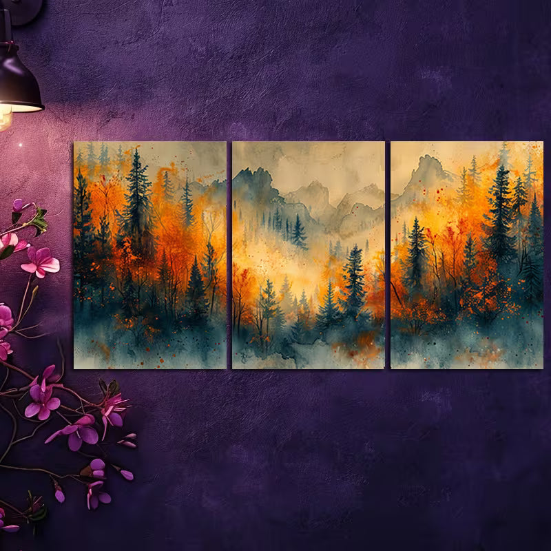 3pcs Misty Forest Scenery with Vibrant Autumn Wall Art Set Canvas Framed 40x60cm - High Quality Print 100% Australian Made Wall Canvas Ready to Hang
