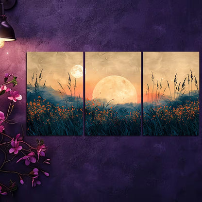 3pcs Moonlit Meadow with Wildflowers Wall Art Set Canvas Framed 40x60cm - High Quality Print 100% Australian Made Wall Canvas Ready to Hang