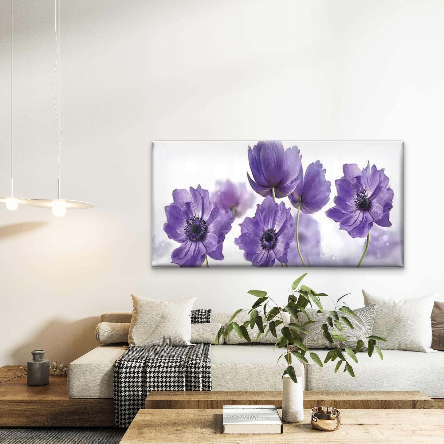 Elegant Purple Floral Anemone Wall Art Canvas Office Home Room Framed 120x60cm - Bella Home Decor