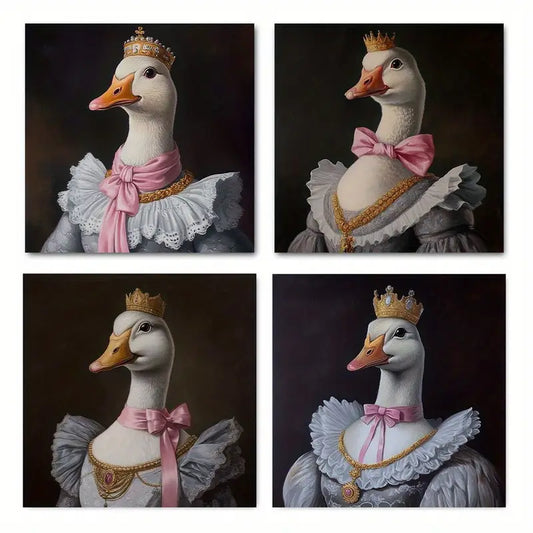 4pcs  Golden Bow Duck Lady Picture Wall Art Canvas Framed