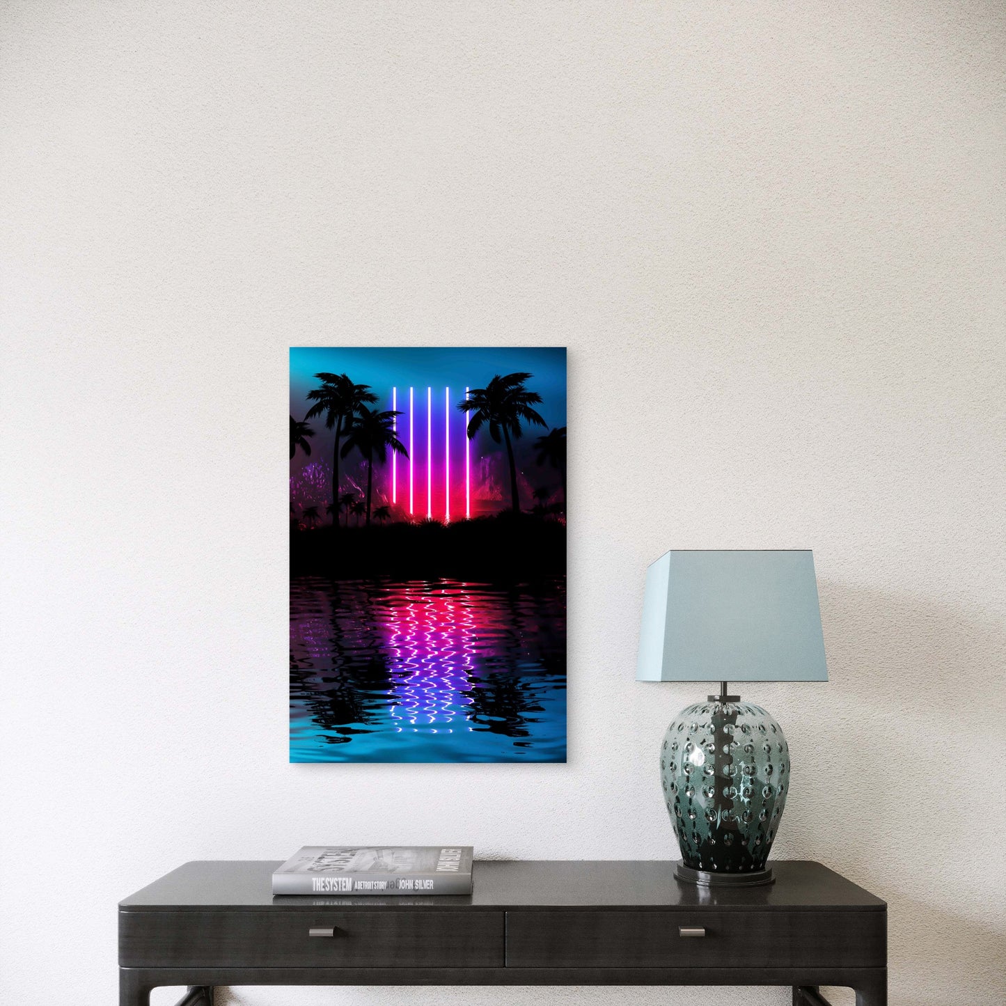 Neon Palm Tree, Tropical Leaves Reflection 60x90cm Metal Print Ready to Hang
