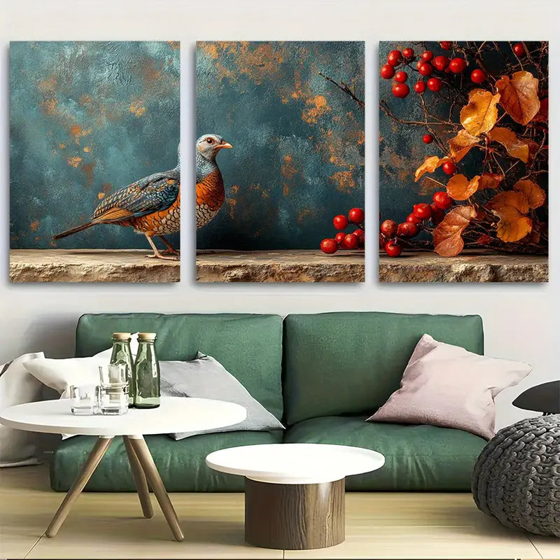 3pcs Vintage Wild Turkeys & Berry Branches Metal Print Ready to Hang Art