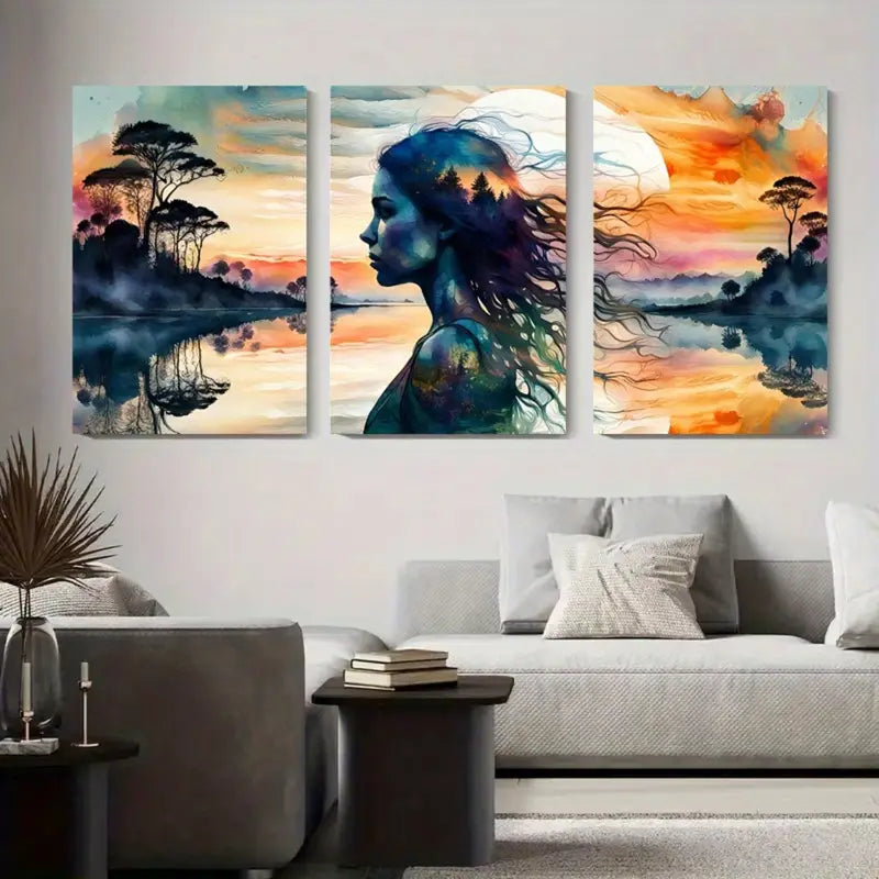 3pcs Woman Silhouette Lake Reflection Triptych Metal Print Ready to Hang Art
