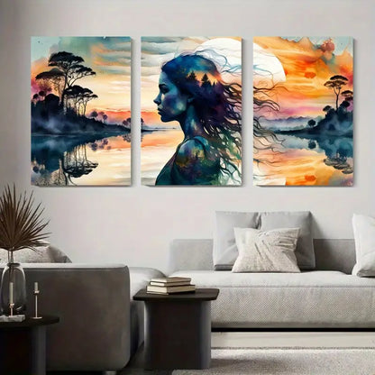 3pcs Woman Silhouette Lake Reflection Triptych Metal Print Ready to Hang Art