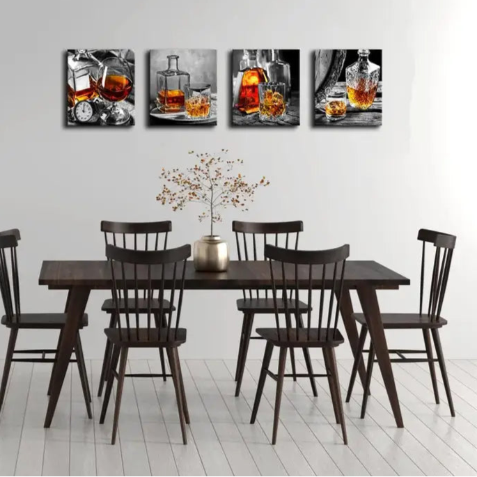 4pcs Flat Wine Wall Art Kitchen Decor Wall Art Canvas Framed