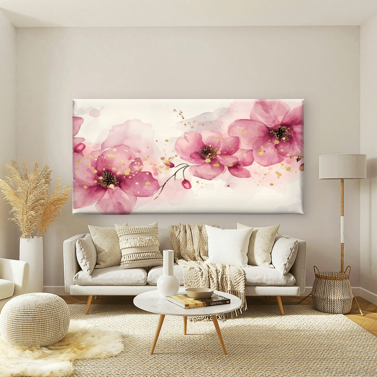 Pink Watercolor Flower Blossoms Wall Art Canvas Office Home Room Framed 120x60cm