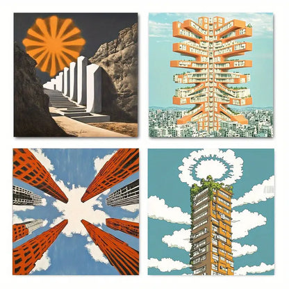 4pcs Vibrant Orange Waves & Sky Designs Wall Art Canvas Framed