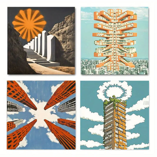 4pcs Vibrant Orange Waves & Sky Designs Wall Art Canvas Framed