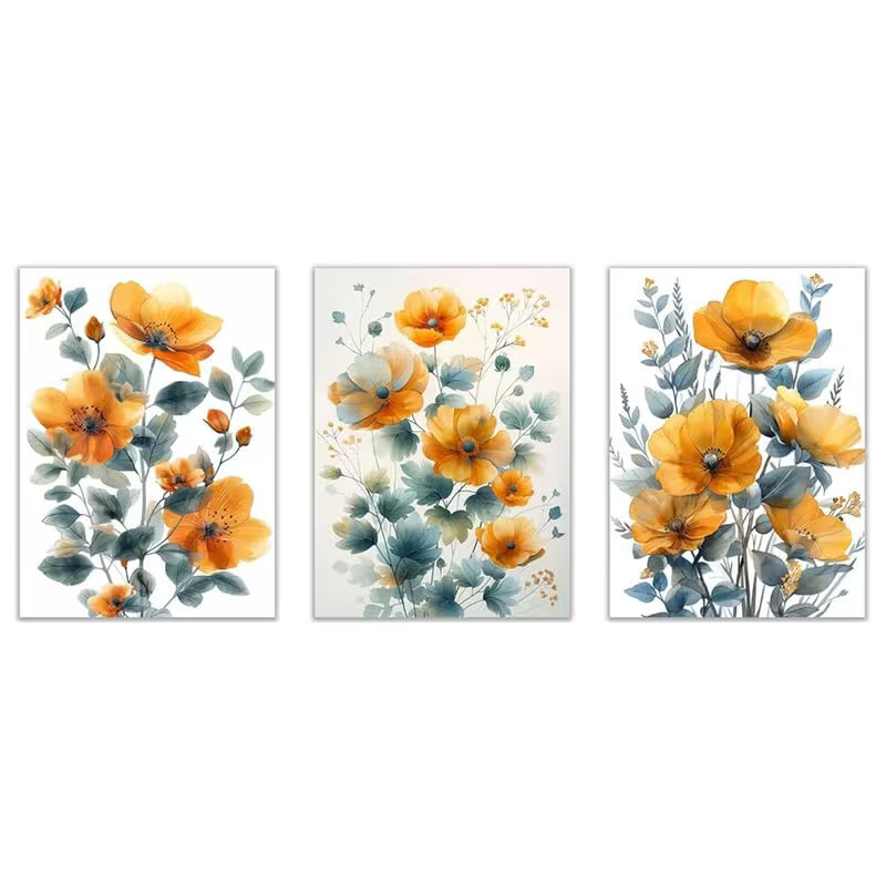 3pcs Yellow And Grey Flowers Botanical Art Wall Art Set Canvas Framed 40x60cm - High Quality Print 100% Australian Made Wall Canvas Ready to Hang