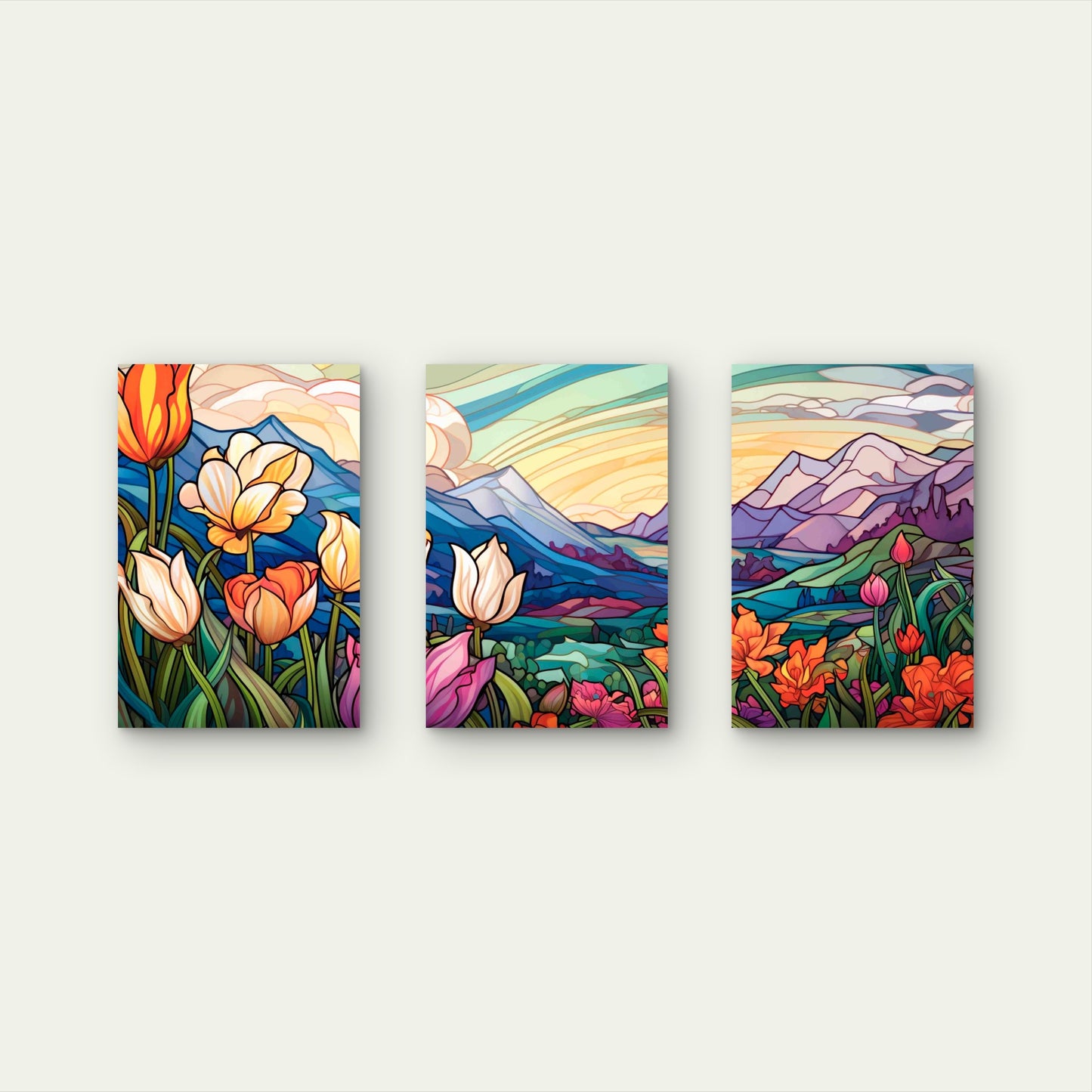 3pcs Tulip Valley Mountain Sunset Metal Print Ready to Hang Art