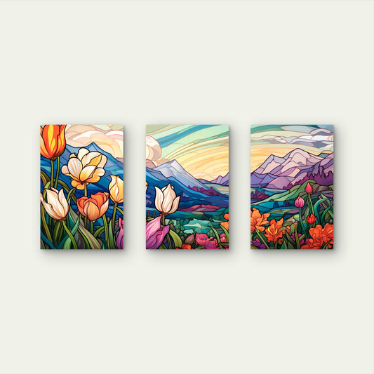 3pcs Tulip Valley Mountain Sunset Metal Print Ready to Hang Art