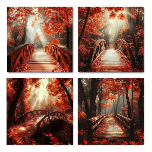 4pcs Autumn Bridge In Forest Wall Art Canvas Framed