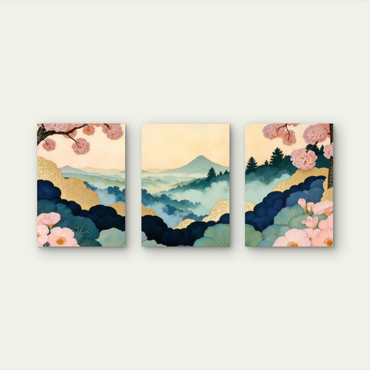 3pcs Japanese Misty Mountain Cherry Blossom Wall Art Set Canvas Framed 60x90cm - High Quality Print 100% Australian Made Wall Canvas Ready to Hang