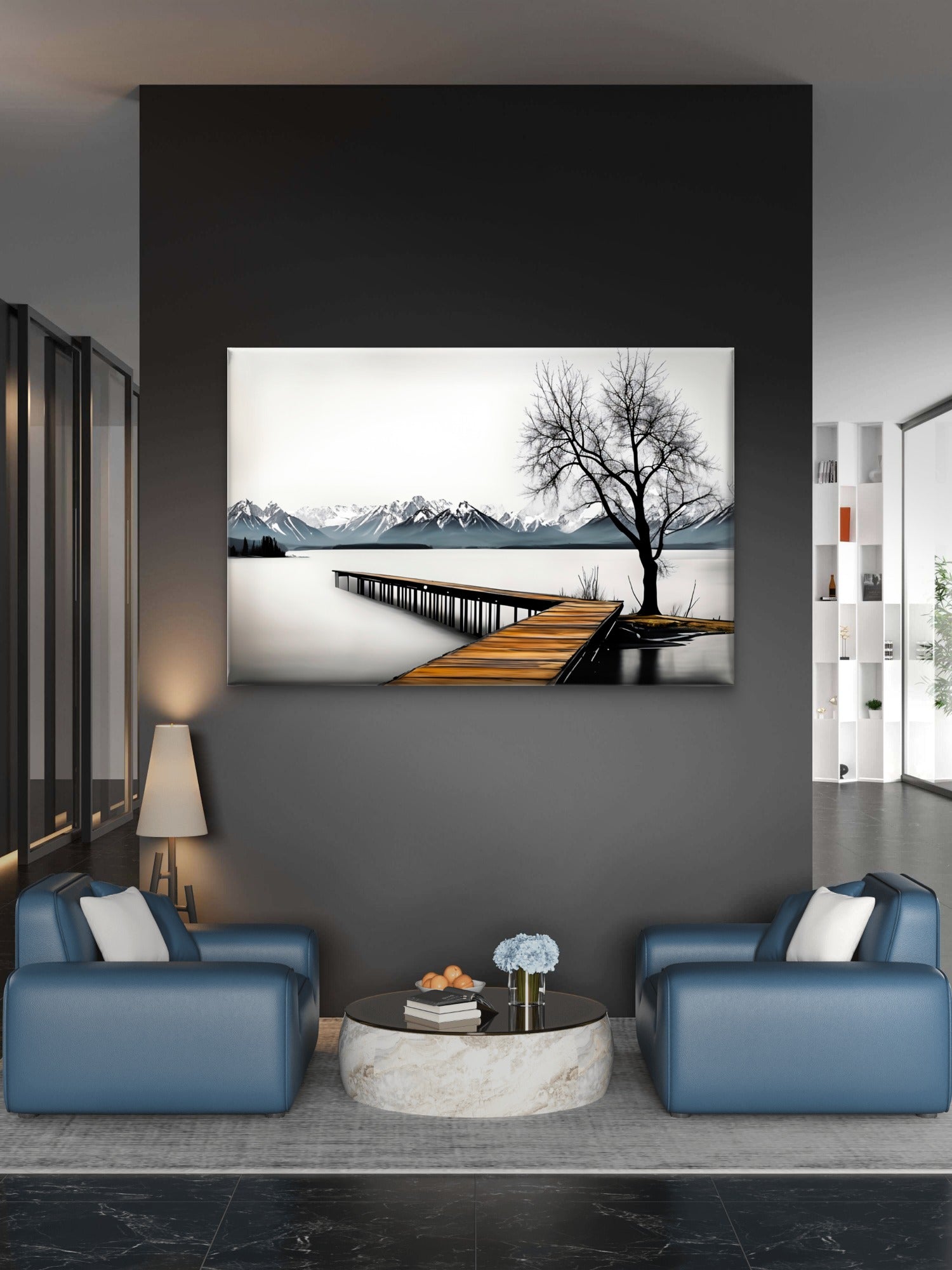 Black And White Wooden Pier Tree Lake Wall Art Decor 100% Australian Made - Bella Home Decor