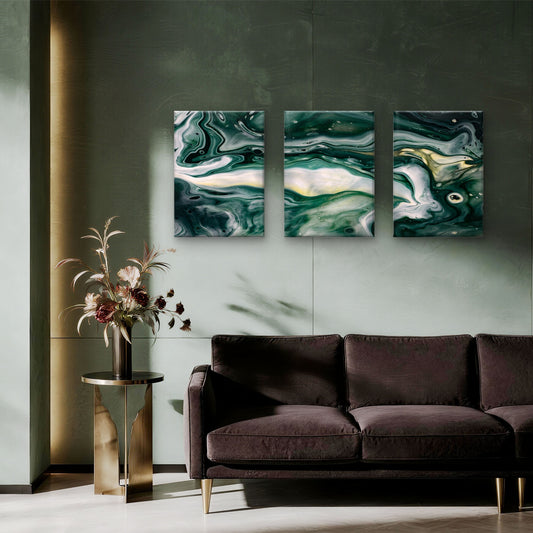 3pcs Abstract Emerald Green and White Fluid Wall Art Set Canvas Framed 50x70cm - High Quality Print 100% Australian Made Wall Canvas Ready to Hang