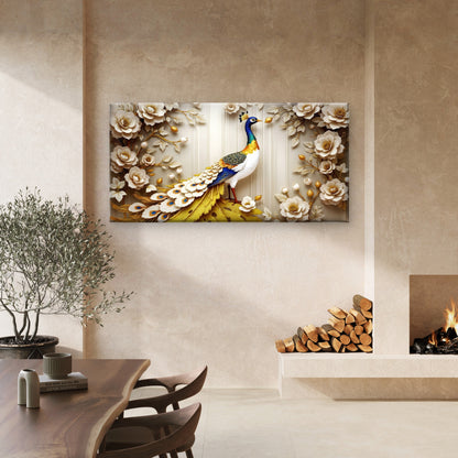 Gold Peacock Flower Wall Art Canvas Office Home Room Framed 120x60cm